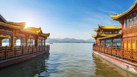 China hangzhou west lake pagoda scenery cruise