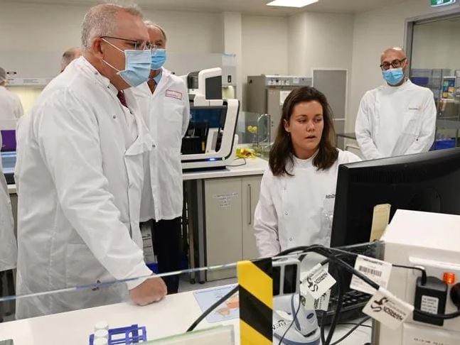 Scott Morrison toured the Astra Zeneca laboratories in August after the government signed an agreement with them to produce the Oxford University coronavirus vaccine. Picture: Nick Moir