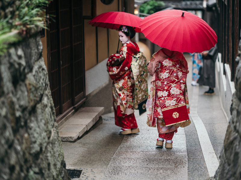 Gion is Kyoto’s geisha district, with hostesses in colorful kimonos