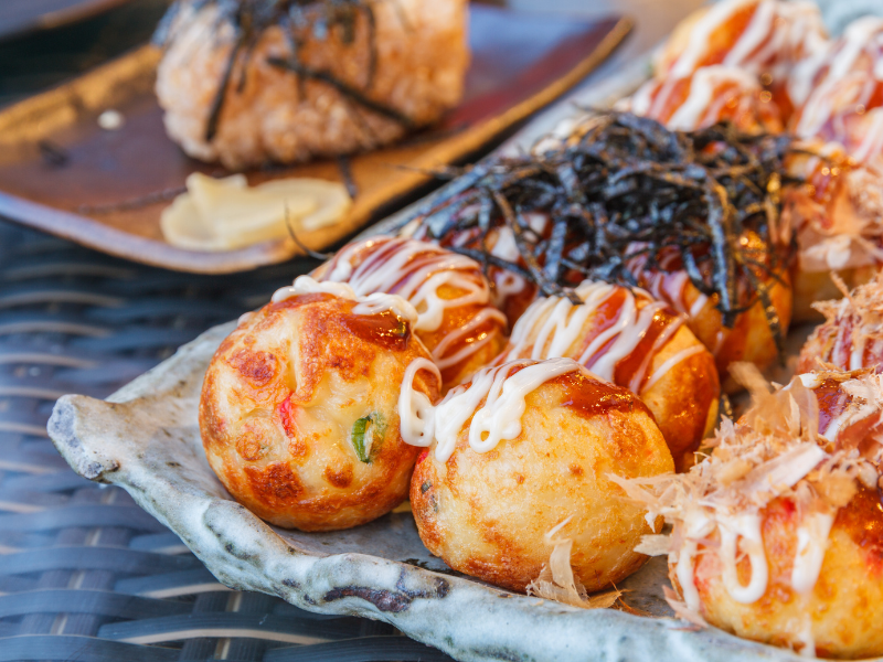 Takoyaki is a ball-shaped Japanese snack