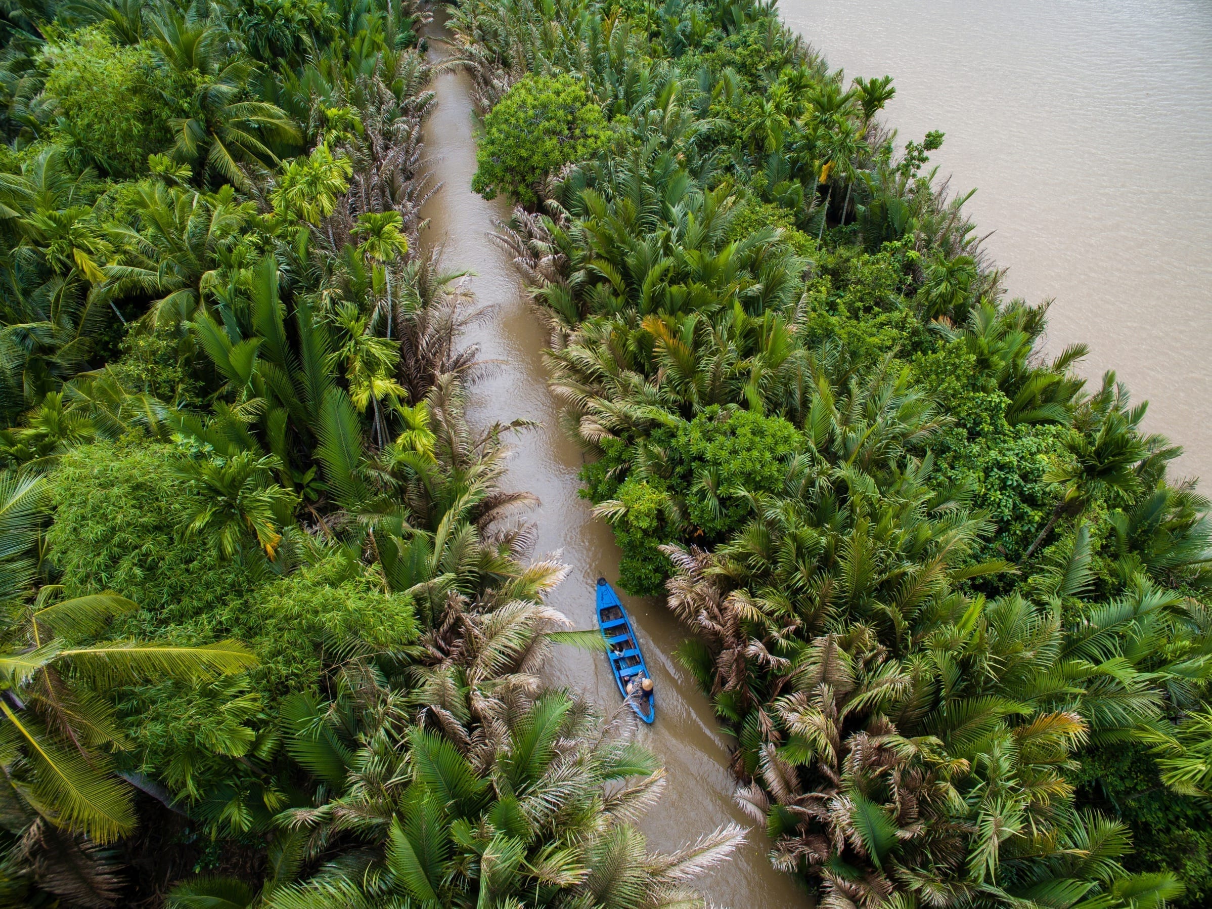 Aerial view of Mekong Delta river in Ben Tre, Vietnam, included in tours offered by Asia Vacation Group